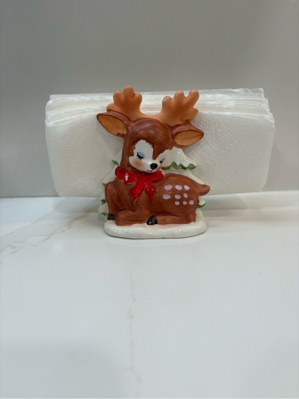 Lefton Brown Deer Napkin Holder with Red Bow